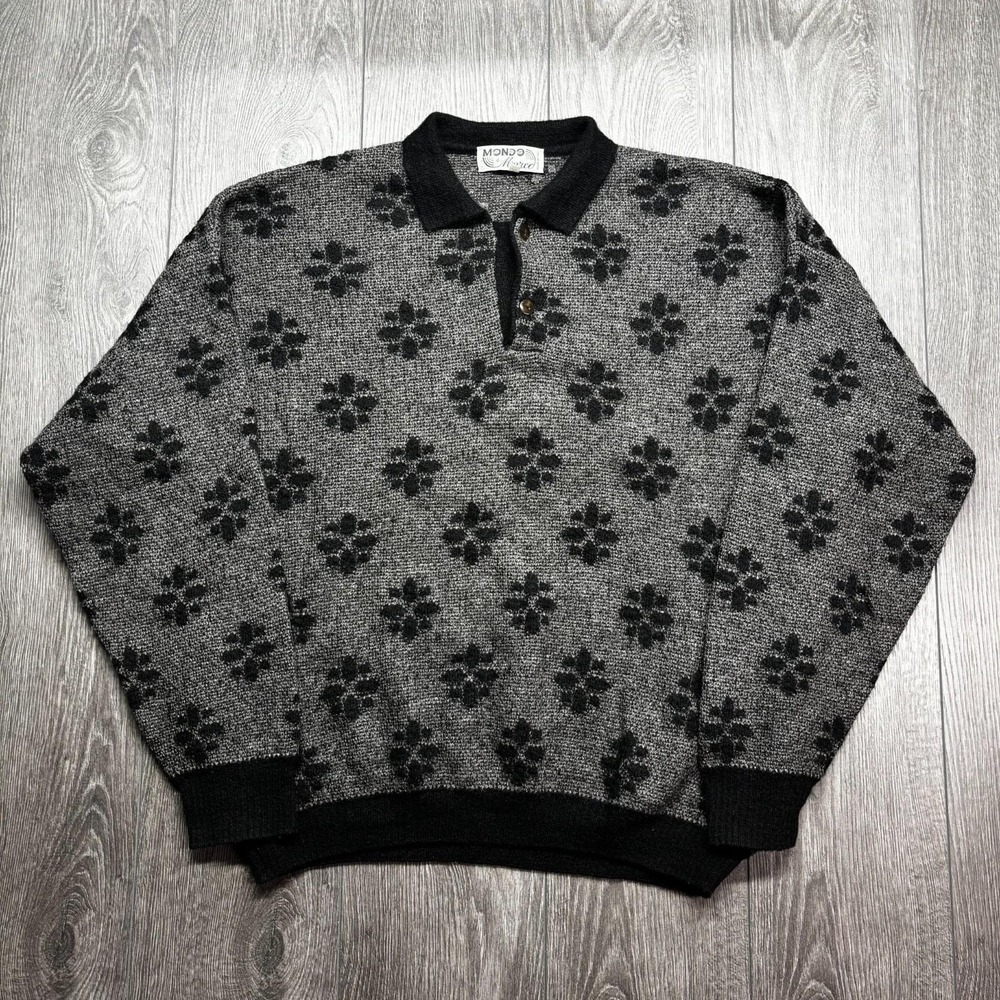 Vintage Mondo Di Marco Large Sweater Mens  Mohair Flowers Grey Knit Italy 90s